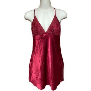 Vtg 90s Josie red mini slip dress satin racerback babydoll floral embroidered M